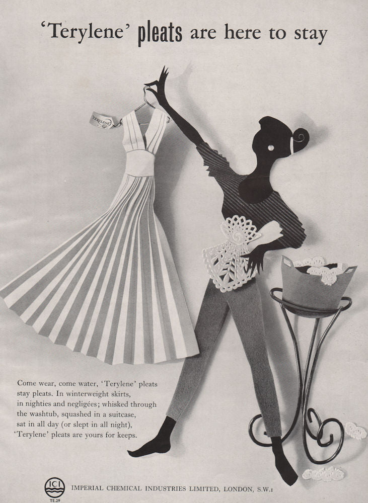 Terylene pleats are here to stay. ICI. Fashion advert. BRITISH VOGUE 1955